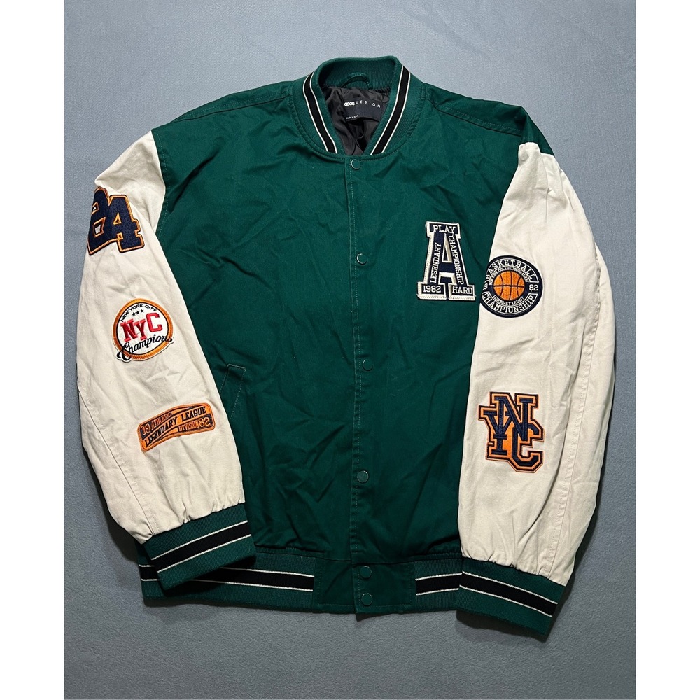ASOS DESIGN Men's Varsity Bomber Jacket Green White Patches Snap Front